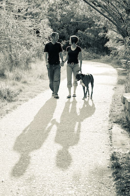 Lisa and Mat walk their dog in the sunset