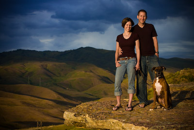 Lisa and Mat in the sunset with their dog